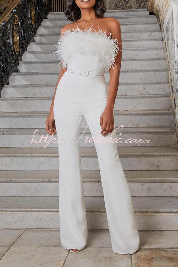 Feather Off-Shoulder Sleeveless Jumpsuit | Casual Long Fit