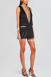Satin Deep V-Neck Mini Dress with Gemstone Trim