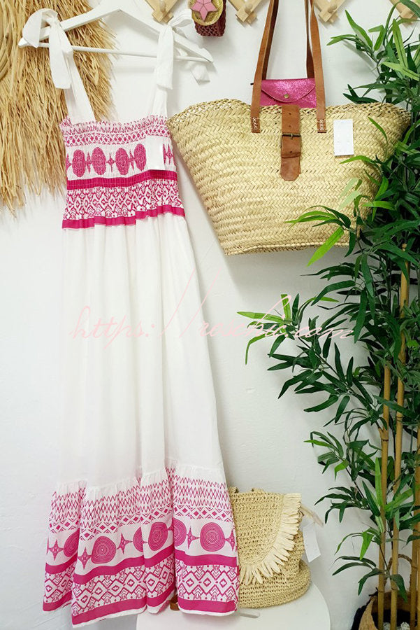 Ethnic Printed Smocked Maxi Dress with Shoulder Ties