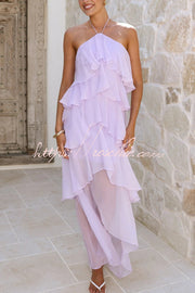 Chiffon Halter Neck Ruffle Maxi Dress – Loose Fit