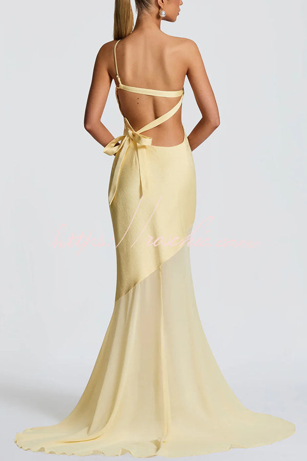 Satin One-Shoulder Maxi Dress with Chiffon Fishtail Hem
