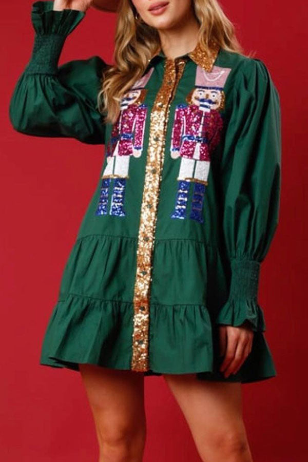 Sequined Nutcracker Button-Down Long Sleeve Mini Dress