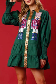 Sequined Nutcracker Button-Down Long Sleeve Mini Dress