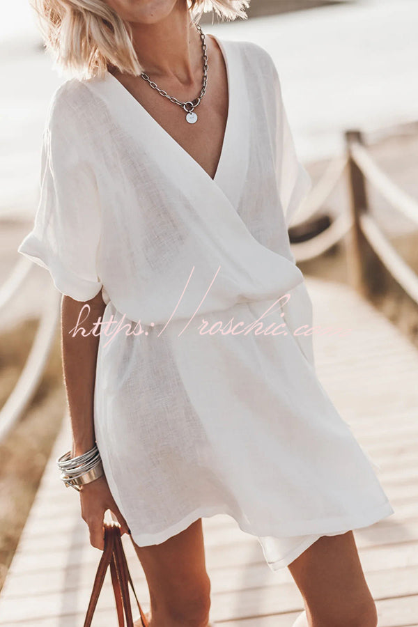 Cotton Linen Blend Kimono Mini Dress with Belt & Pockets