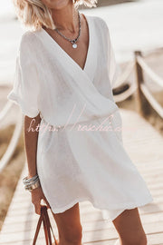 Cotton Linen Blend Kimono Mini Dress with Belt & Pockets