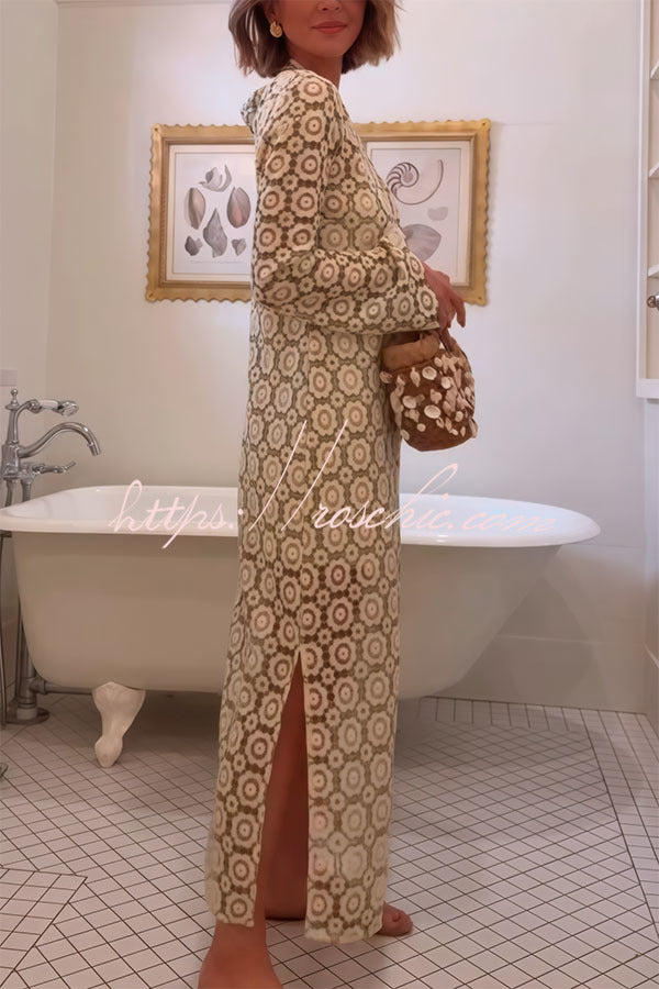 Floral Crochet Long Sleeve Midi Dress with Slit