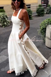 Linen Blend Midi Dress with Square Neck and Tassel Trim