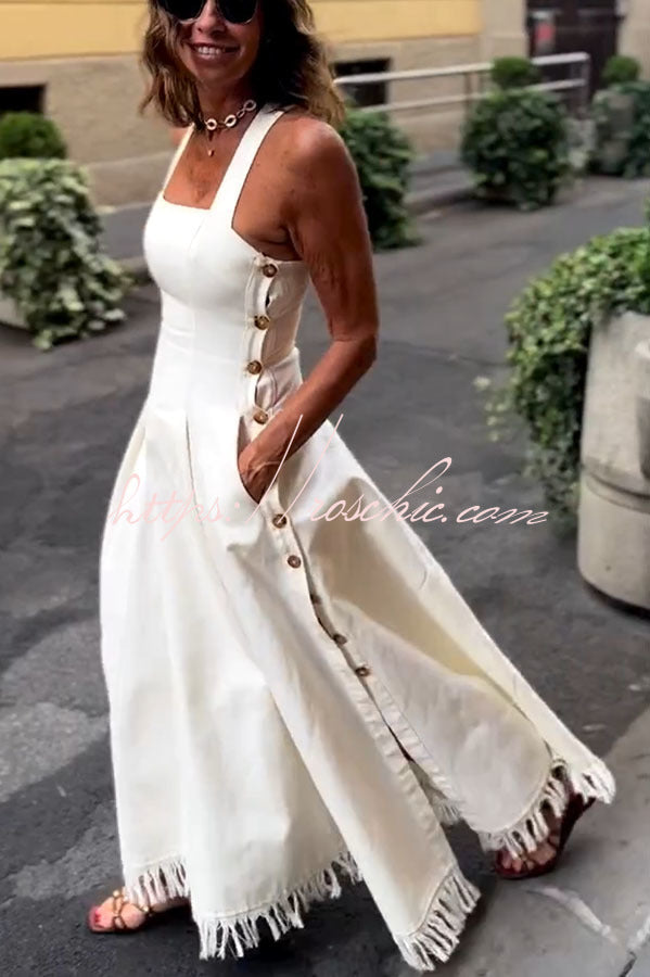 Linen Blend Midi Dress with Square Neck and Tassel Trim