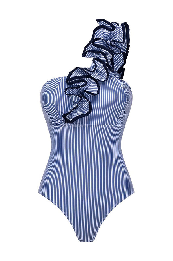 Striped One-Shoulder 3D Floral One-Piece Swimsuit