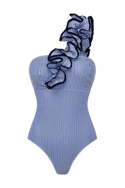 Striped One-Shoulder 3D Floral One-Piece Swimsuit