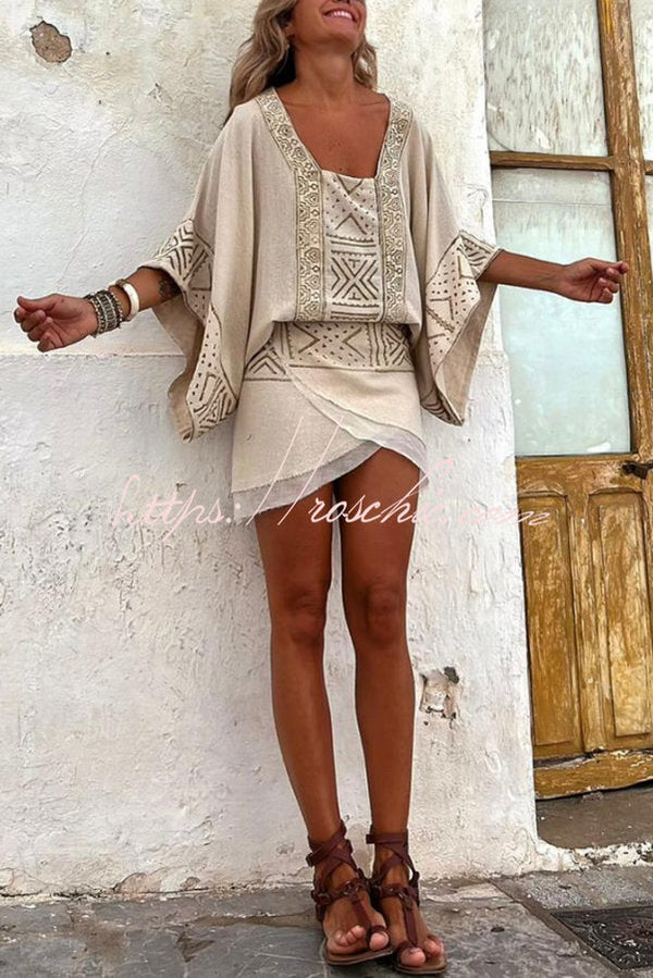 Linen Blend Ethnic Print Wrap Mini Skirt | Vacation Style