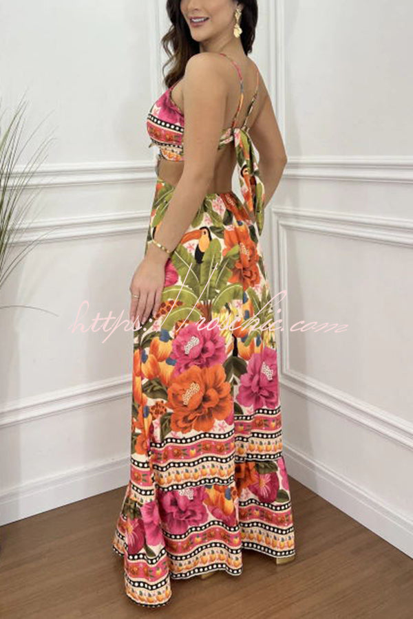 Tropical Print Maxi Dress - Lace-Up V Neck Vacation Dress