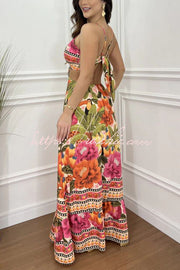 Tropical Print Maxi Dress - Lace-Up V Neck Vacation Dress
