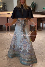 Linen Blend Paisley Maxi Skirt High Rise Tie Waist Vacation