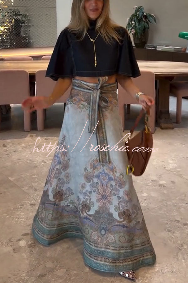 Linen Blend Paisley Maxi Skirt High Rise Tie Waist Vacation