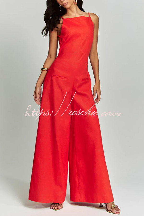 Linen Blend Wide Leg Jumpsuit with Square Neck & Pockets