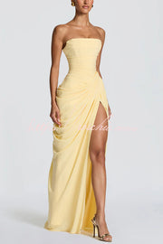 Chiffon Strapless Maxi Dress with Asymmetrical Pleats & Slit
