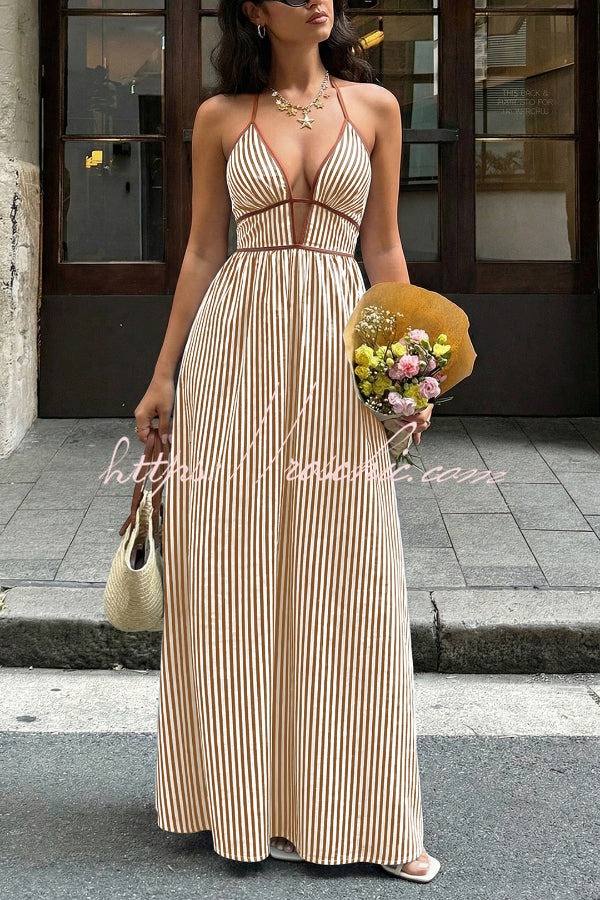 Striped V-Neck Sleeveless Backless Maxi Dress – Vacation