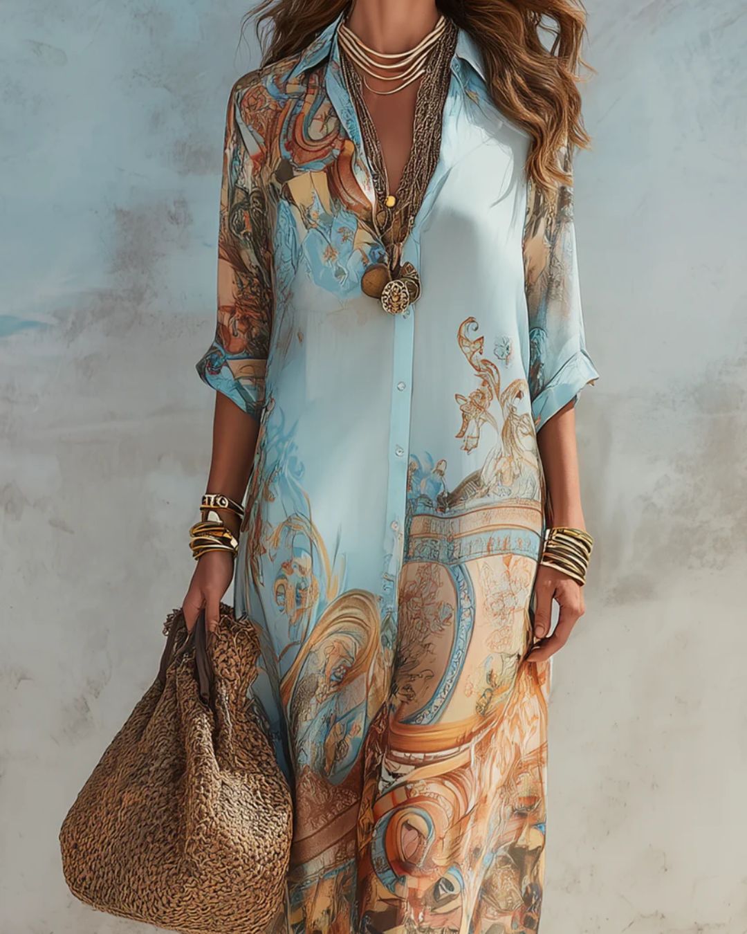 Baroque Floral Blue Chiffon Maxi Dress – A-Line Shirt Style