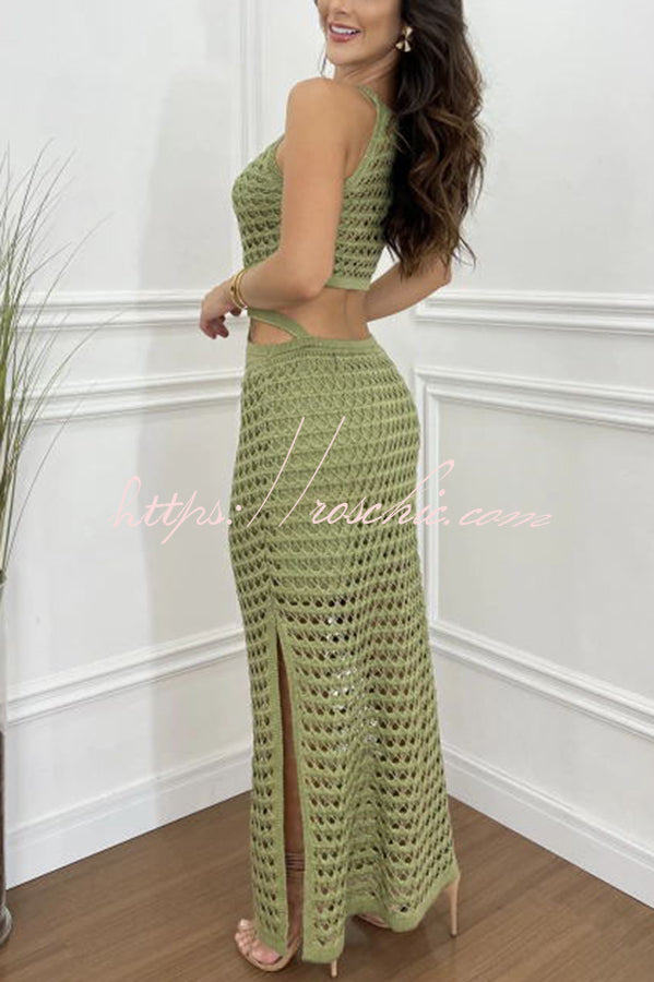Knit Texture Side Cutout Sleeveless Stretch Maxi Dress
