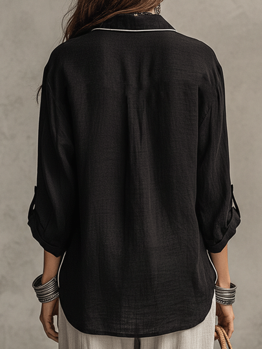 Black Linen Long Sleeve Blouse – Relaxed Bohemian Top