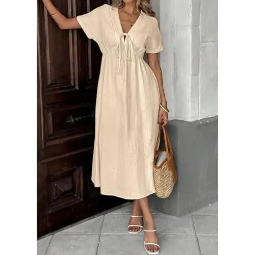 Women's Cotton V-Neck Drawstring Casual Beach Dress with Pockets