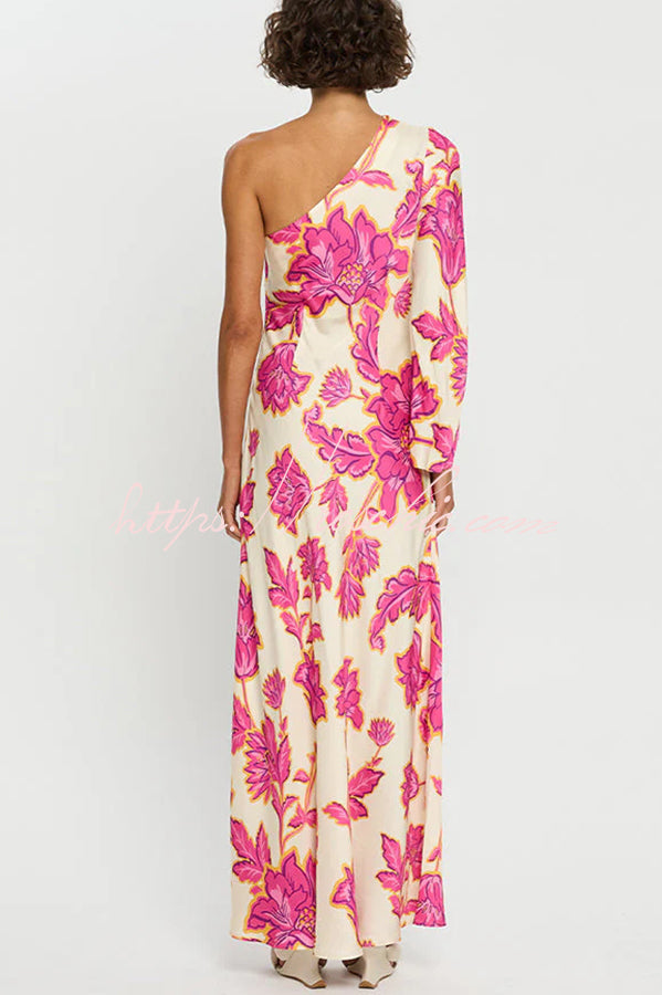 Satin Floral One Shoulder Flared Maxi Dress