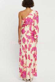 Satin Floral One Shoulder Flared Maxi Dress