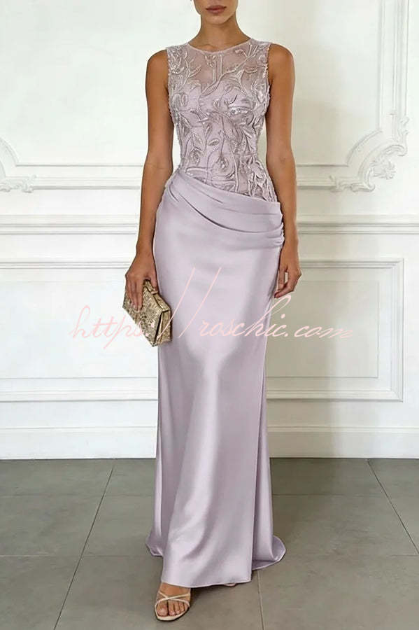 Light Pink Satin Maxi Dress with Floral Embroidery