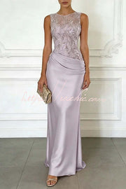 Light Pink Satin Maxi Dress with Floral Embroidery