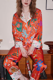 Orange Printed Long Sleeve Two-Piece Lounge Set