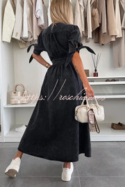 Denim Midi Dress V-Neck Button-Down Half Sleeve Loose Fit