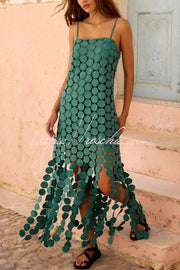 Embroidered Polka Dot Square Neck Tassel Hem Slip Maxi Dress