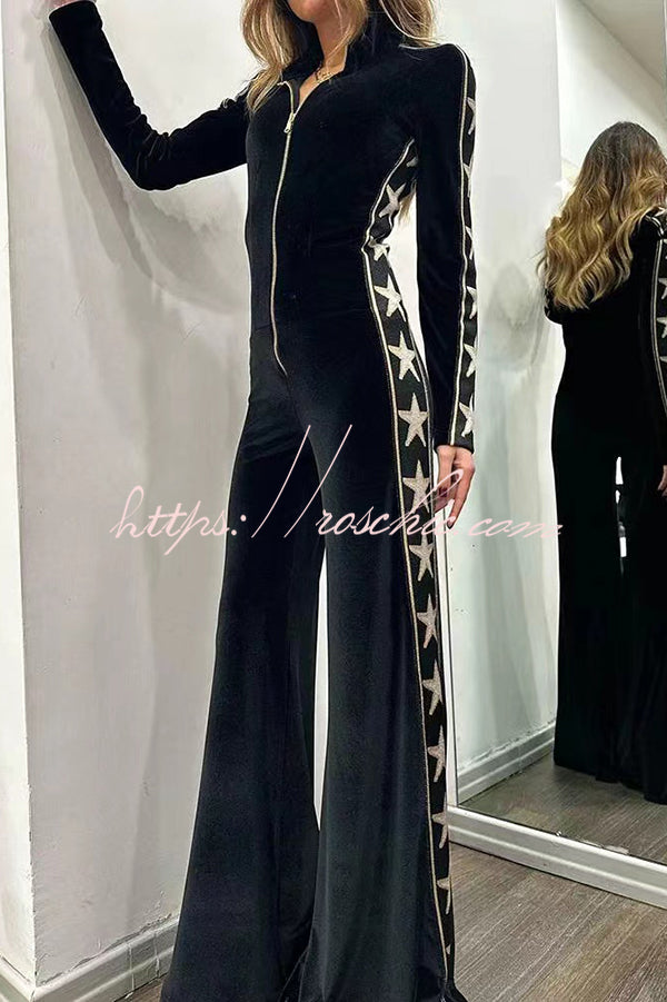 Star-Print Velvet Wide-Leg Jumpsuit with Zip Front