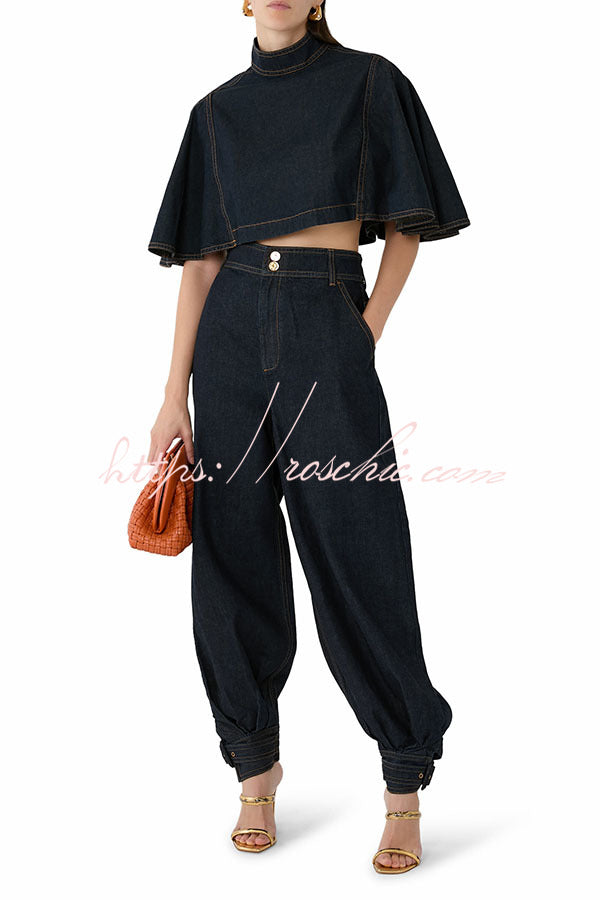 High Rise Denim Harem Pants with Ankle Strap Buckle