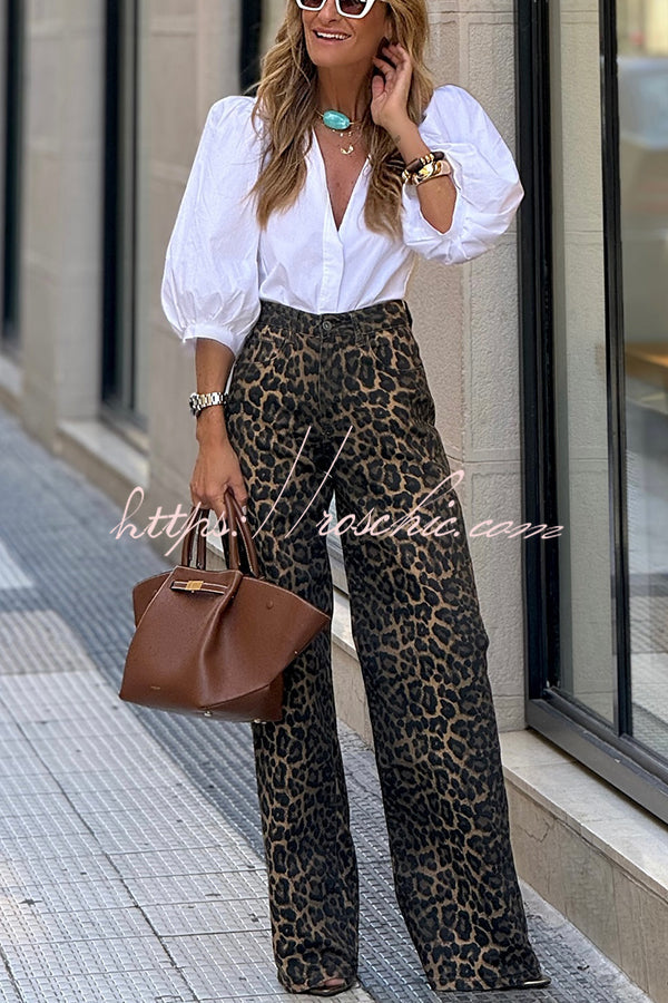 Leopard Print High Rise Wide Leg Jeans with Pockets