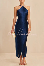 Robe longue dos nu métallisée avec fente à franges