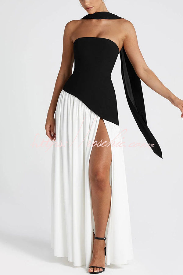 Off-Shoulder Chiffon Pleated Maxi Dress with Slit