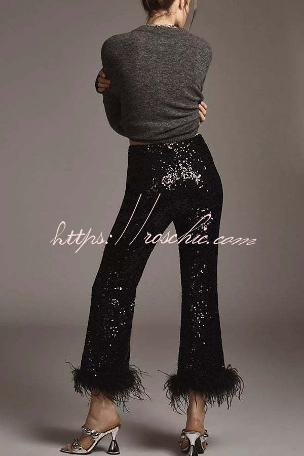 Sequin Feather Trim High Rise Flare Pants – Party & NYE