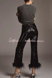 Sequin Feather Trim High Rise Flare Pants – Party & NYE