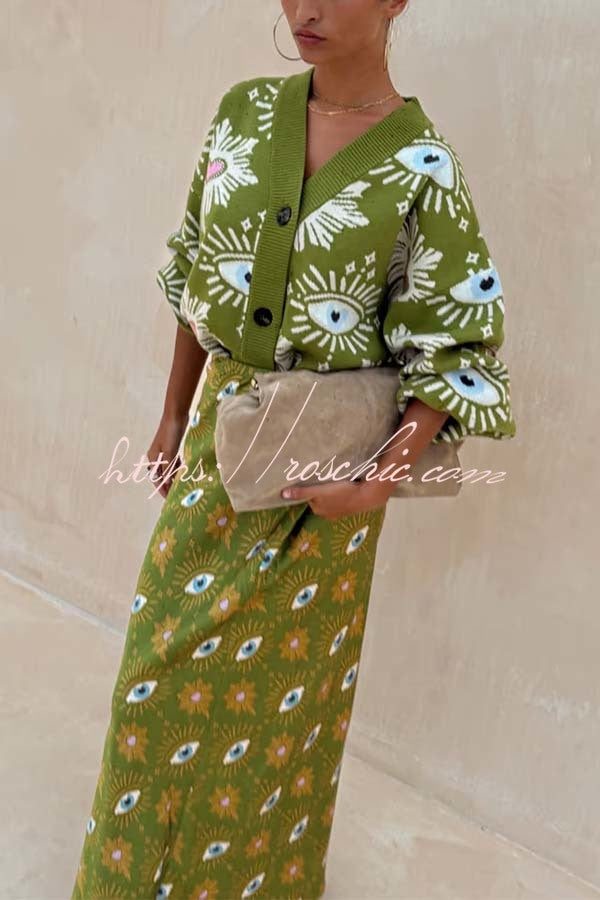 Eye & Heart Pattern Knit Cardigan – Loose Fit Long Sleeve