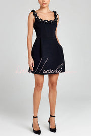 Faux Pearl Flower Applique Square Neck Mini Dress with Pockets