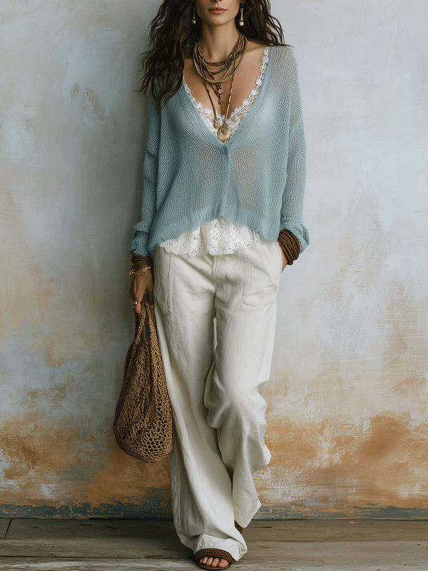 Pull cardigan léger bleu poudré