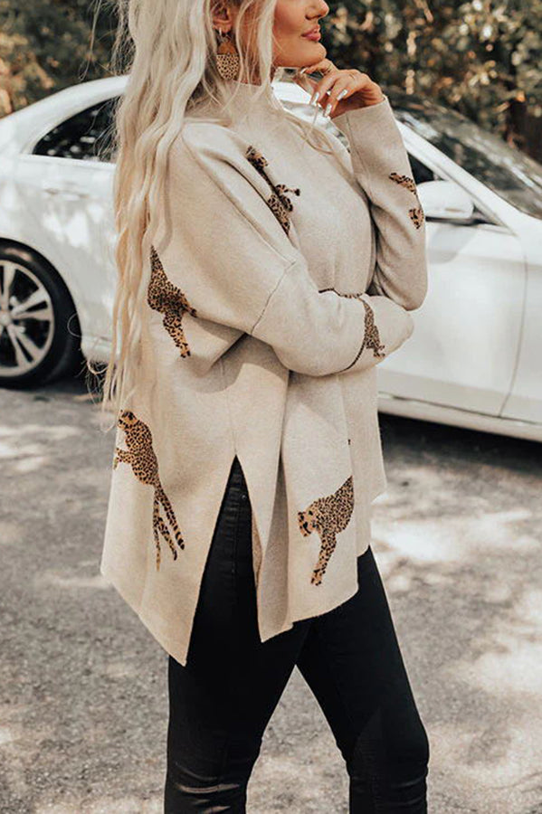 Leopard Print High Neck Relaxed Sweatshirt with Side Slit