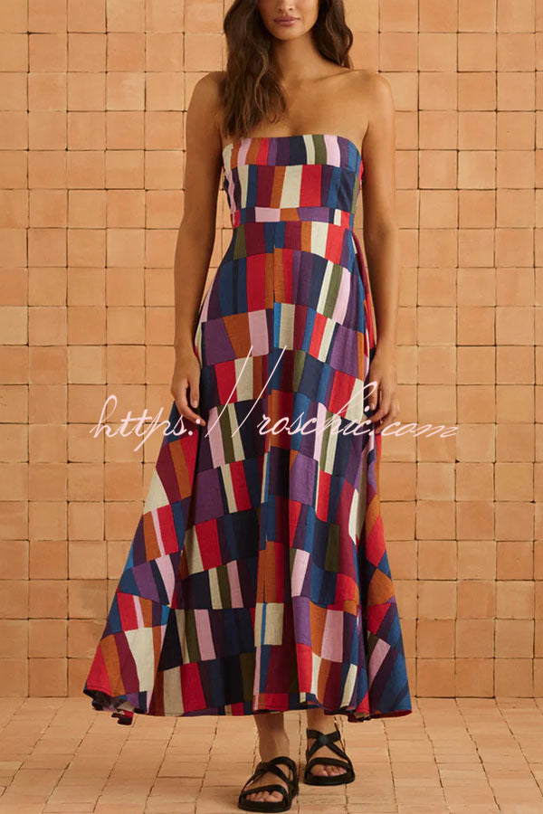 Linen Blend Color Block Strapless Midi Dress
