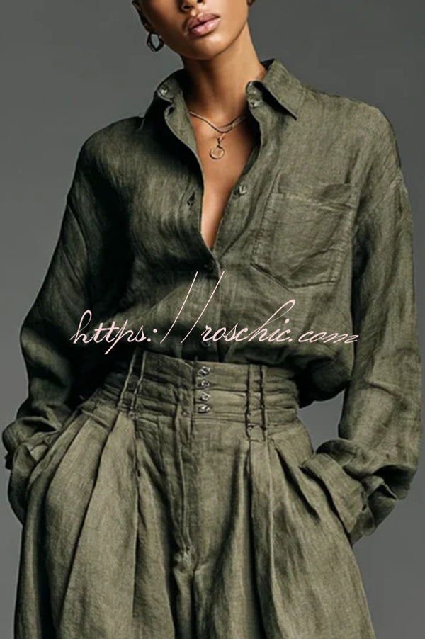 Linen Blend Wide-Leg Pants & Lapel Shirt Set