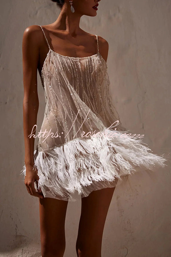 Sequin Feather Fringe Mesh Mini Dress – Party Sleeveless
