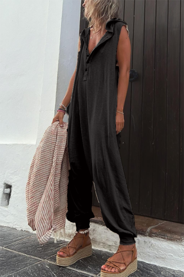 Sleeveless Hooded Cotton Blend Jumpsuit with Pockets