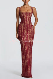 Floral Lace Square Neck Lace-Up Slit Maxi Dress
