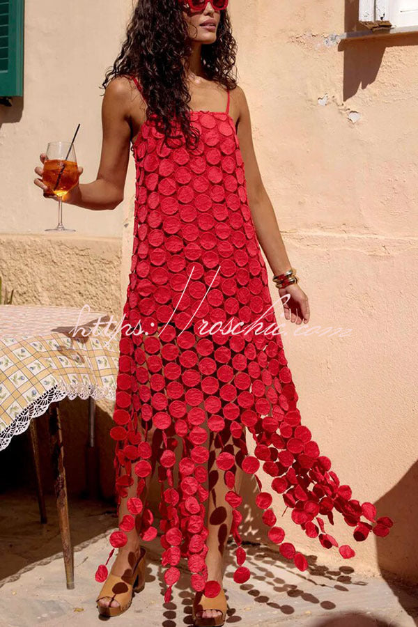 Embroidered Polka Dot Square Neck Tassel Hem Slip Maxi Dress